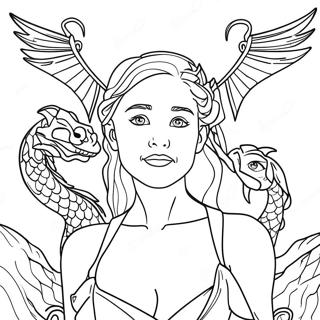 Daenerys Targaryen lohikäärmeiden kanssa värityssivu | Valtaistuinpeli värityssivu