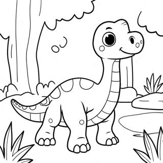 Söpö brontosaurus metsässä värityssivu | Brontosaurus värityssivu