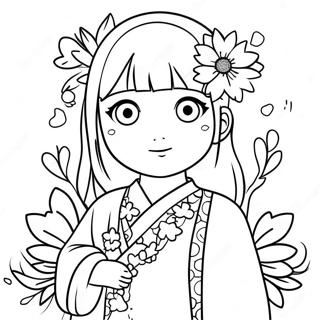 Suloinen Hinata kukkien kanssa värityskuva | Hinata värityssivu