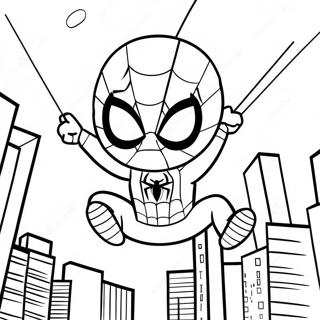 Chibi Spiderman Kaupungin Yli Heilumassa Värittämissivu | Chibi Spiderman värityssivu