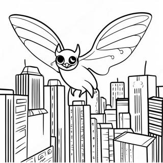 Mothman Lentää Kaupungin Yllä Värittämissivu | Mothman värityssivu