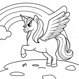 Taianomainen pegacorn sateenkaaren maisemassa värityssivu | Pegacorn värityssivu