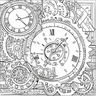 Steampunk-vaihteet ja kello värityssivu | Steampunk värityssivu