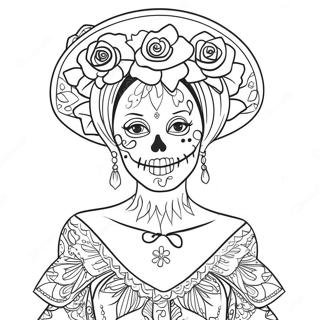 Elegantti Catrina kukkien kanssa värityssivu | Catrina värityssivu