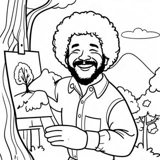 Iloinen Bob Ross maalaamassa onnellista puuta värityssivu | Bob Ross värityssivu