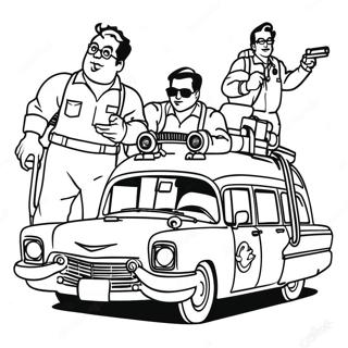 Ghostbusters-tiimi Ecto 1:ssä värityssivu | Ghostbusters Ecto 1 värityssivu