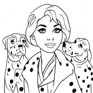 Cruella Deville dalmatialaisten kanssa -värityssivu | Cruella Deville värityssivu
