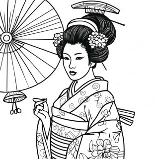 Elegantti Geisha Kimono päällä Värittämissivu | Geisha värityssivu