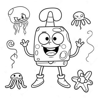 Iloinen SpongeBob meduusalla -värityskuva | SpongeBob ja Patrick värityssivu