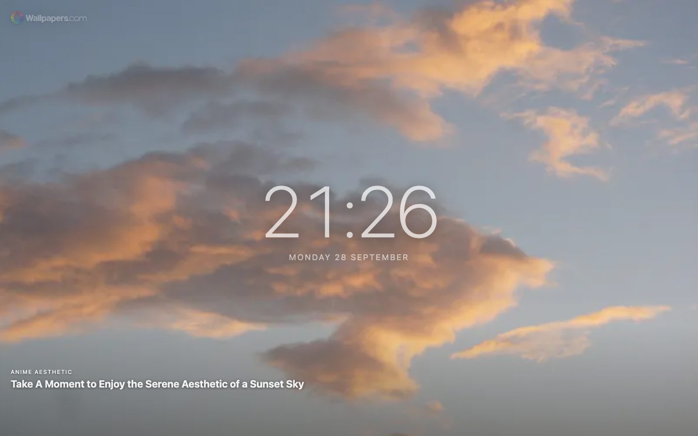 Uusi välilehti, jossa on suuri kello ja päivämäärä auringonlaskun taustakuvan päällä